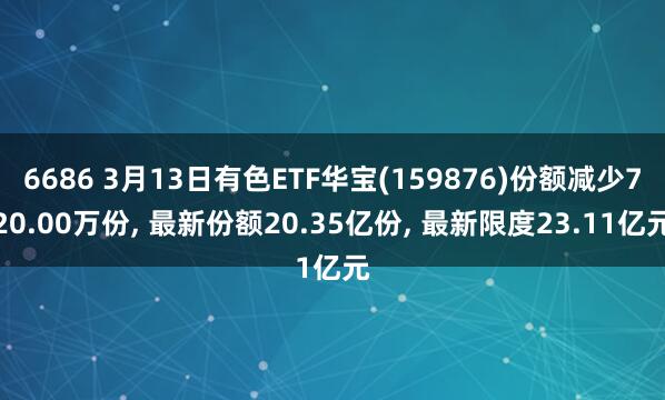 6686 3月13日有色ETF华宝(159876)份额减少720.00万份， 最新份额20.35亿份， 最新限度23.11亿元